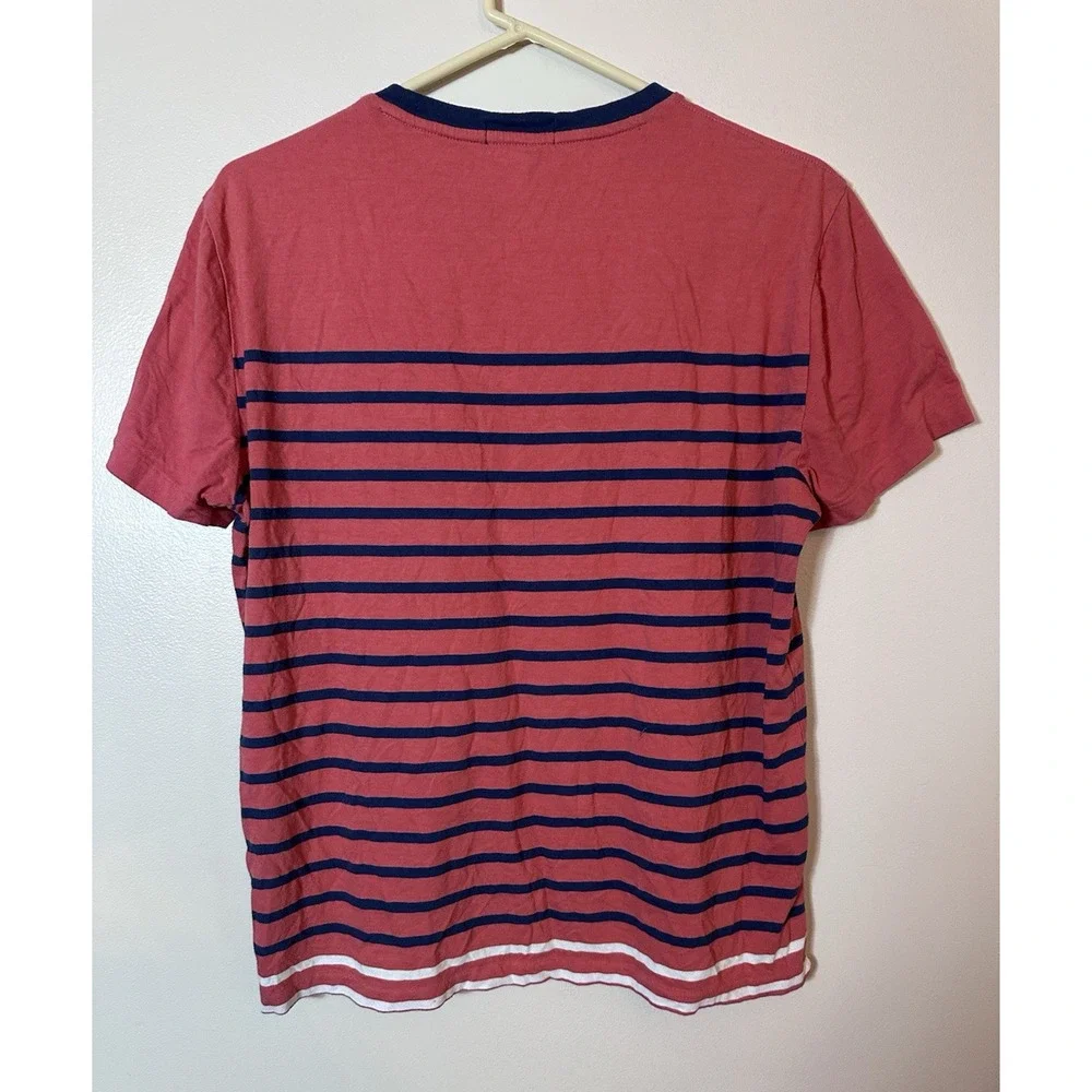 Polo Ralph Lauren T-Shirt Mens Large Coral Red Navy Striped Pocket Slim Nautical